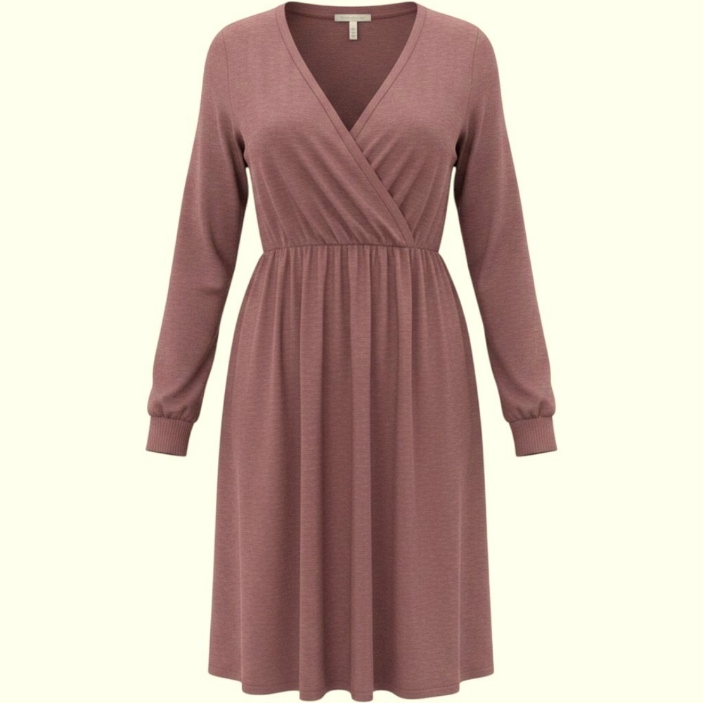 Softcore Long Sleeve Boho NEW V-Neck Elastic Waist Knit Dress Burgundy L